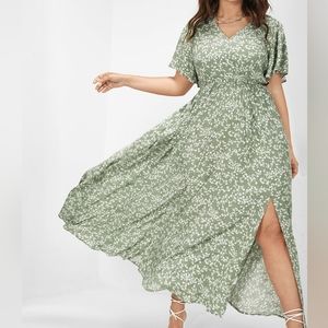 BLOOMCHIC Bloom Flutter Sleeve Ditsy Floral Pocket Split Maxi Dress Green Size10